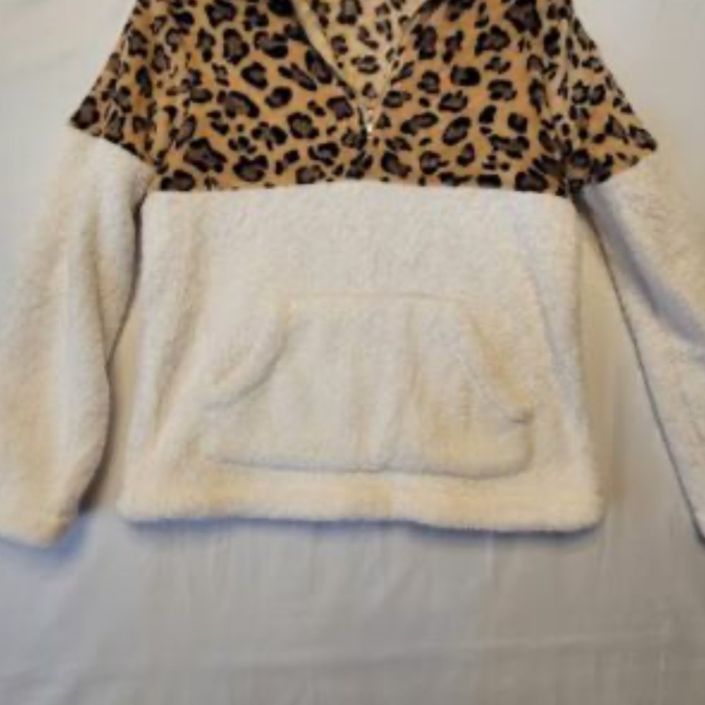 Leopard Colorblock Sherpa Pullover Hoodie - Cream